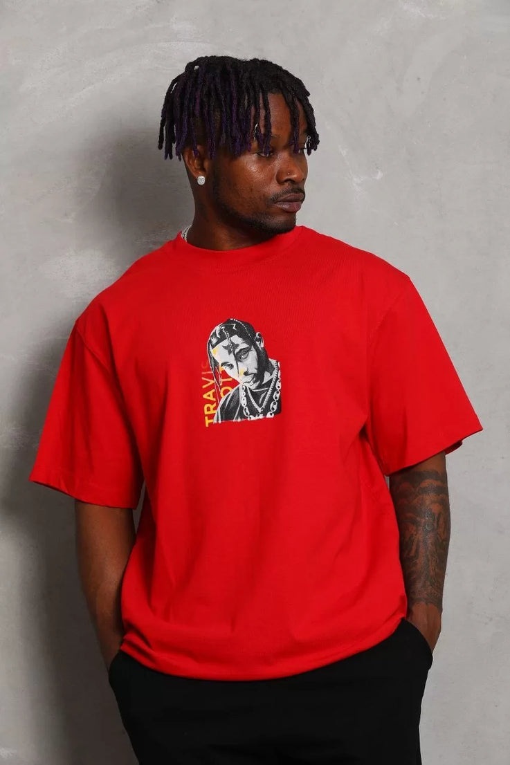 Gucso Erkek Oversize Travis Scott Baskılı Bisiklet Yaka T-Shirt - Kırmızı