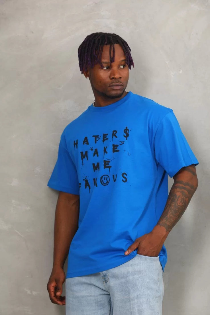 Gucso Erkek Oversize Haters Make Me Famous Baskılı Bisiklet Yaka T-Shirt - Mavi