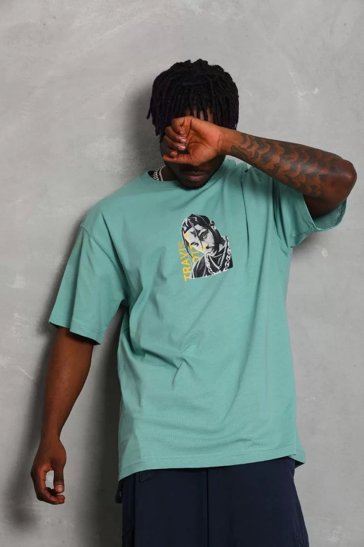 Gucso Erkek Oversize Travis Scott Baskılı Bisiklet Yaka T-Shirt - Mint Yeşili