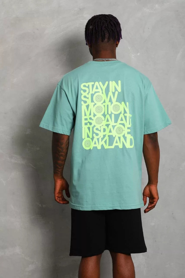 Gucso Erkek Oversize Stay İn Slow Motion Oakland Baskılı Bisiklet Yaka T-Shirt - Mint Yeşili