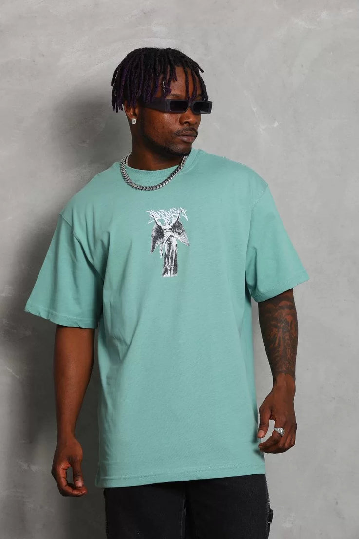 Gucso Erkek Oversize Angels Baskılı Bisiklet Yaka T-Shirt - Mint Yeşili