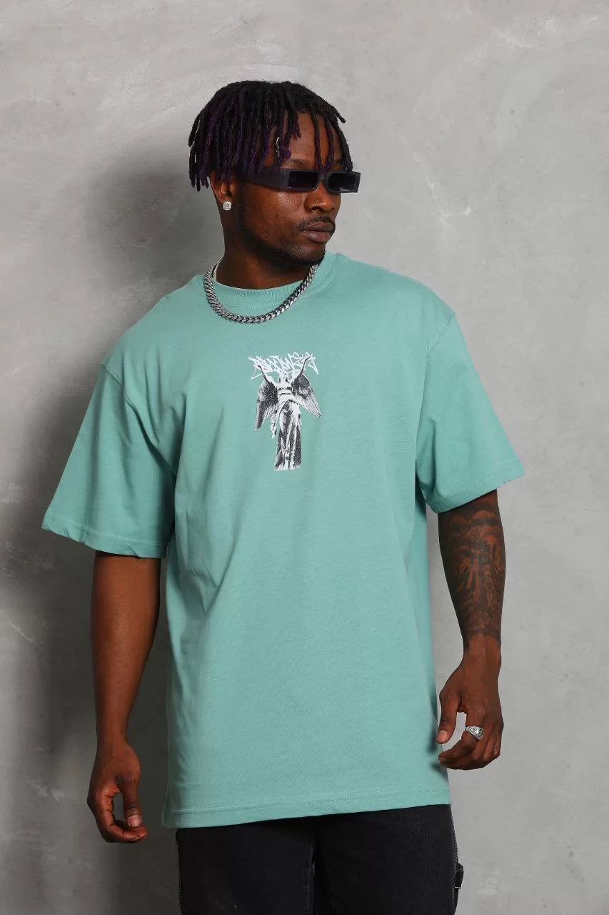 Gucso Erkek Oversize Angels Baskılı Bisiklet Yaka T-Shirt - Mint Yeşili