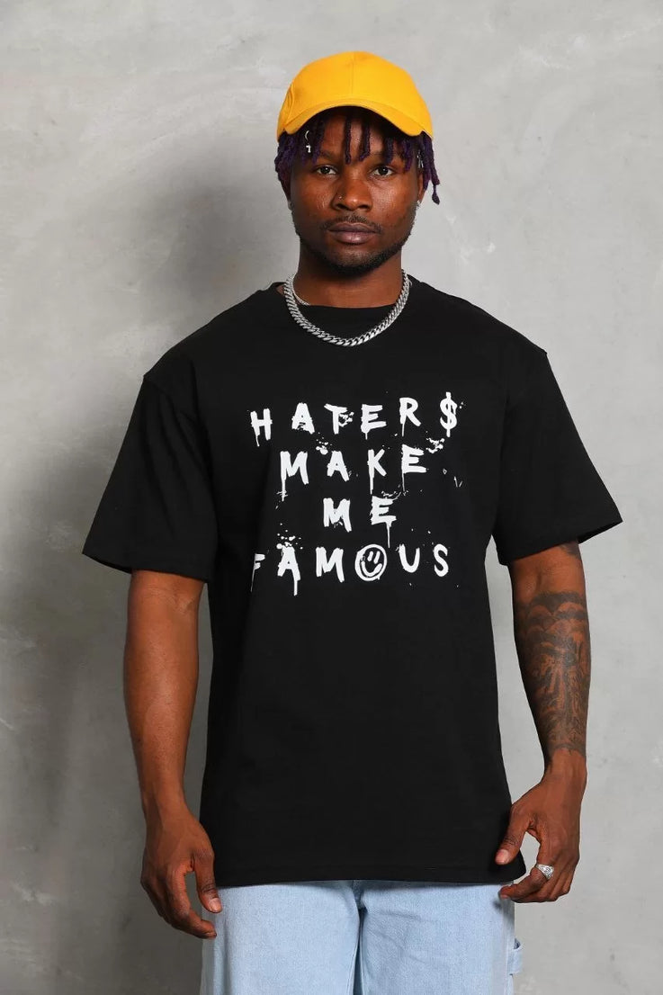 Gucso Erkek Oversize Haters Make Me Famous Baskılı Bisiklet Yaka T-Shirt - Siyah