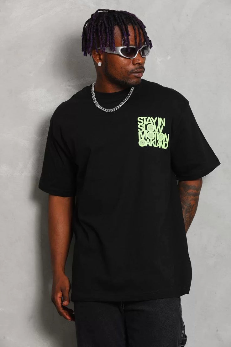 Gucso Erkek Oversize Stay İn Slow Motion Oakland Baskılı Bisiklet Yaka T-Shirt - Siyah