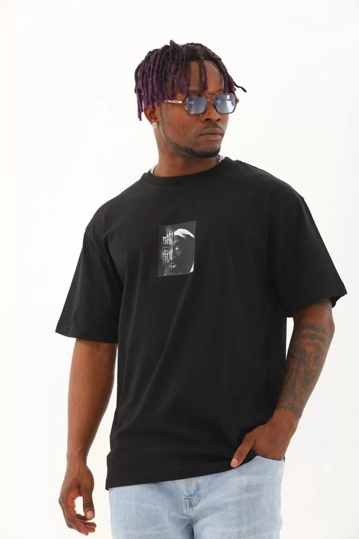 Gucso Erkek Oversize Tupac Shakur Baskılı Bisiklet Yaka T-Shirt - Siyah