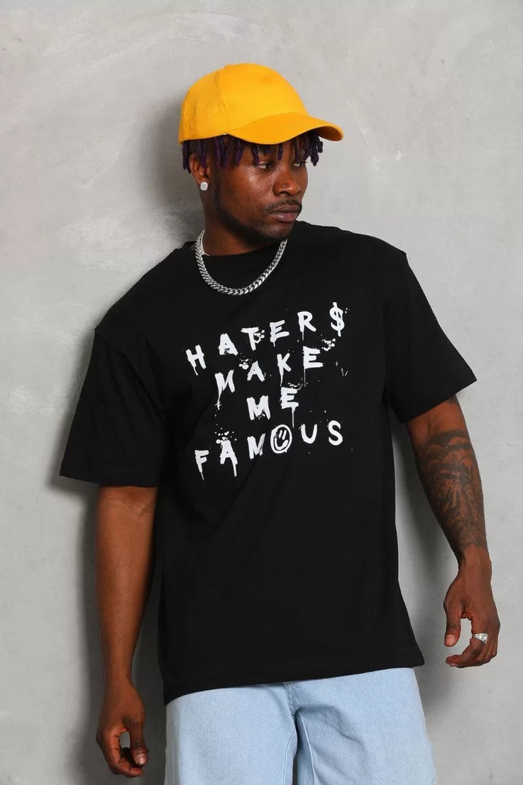 Gucso Erkek Oversize Haters Make Me Famous Baskılı Bisiklet Yaka T-Shirt - Siyah