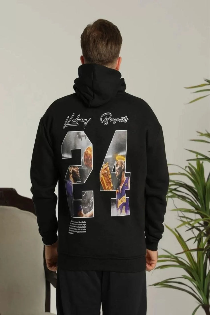 Gucso Erkek Göğüs Los Angeles Lakers Baskılı ve Sırt 24 Kobe Bryant Baskılı Oversize Üç İplik Kapüşonlu Sweatshirt - Siyah