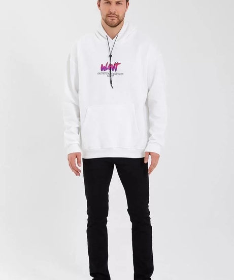 Gucso Erkek Want Baskılı Üç İplik Kapüşonlu Oversize Sweatshirt - Beyaz