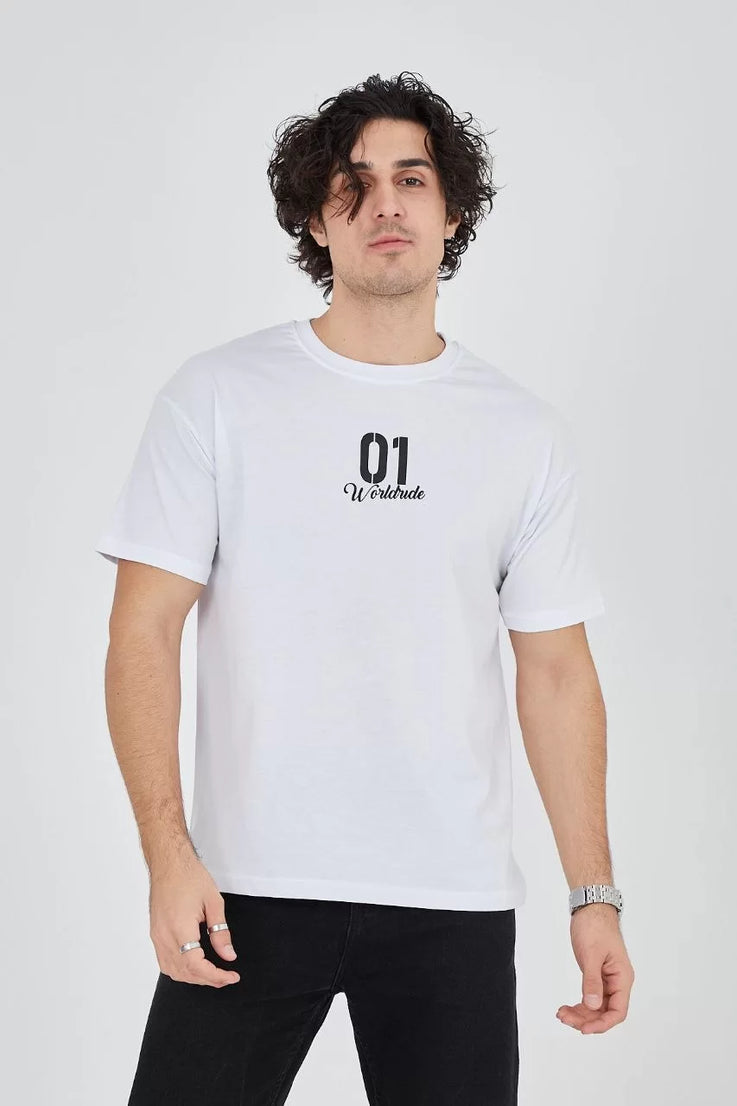 Gucso Erkek Bisiklet Yakalı Worldude 01 Seoul Los Angeles Paris Copenhagen New York Berlin Baskılı T-Shirt - Beyaz