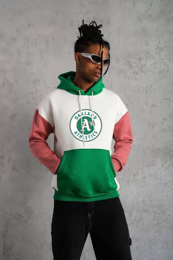 Gucso Erkek Çok Parçalı Kanguru Cepli Athletics Oakland Baskılı Kapüşonlu Sweatshirt - Beyaz