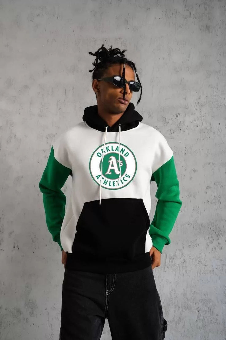 Gucso Erkek Çok Parçalı Kanguru Cepli Athletics Oakland Baskılı Kapüşonlu Sweatshirt - Çok Renkli