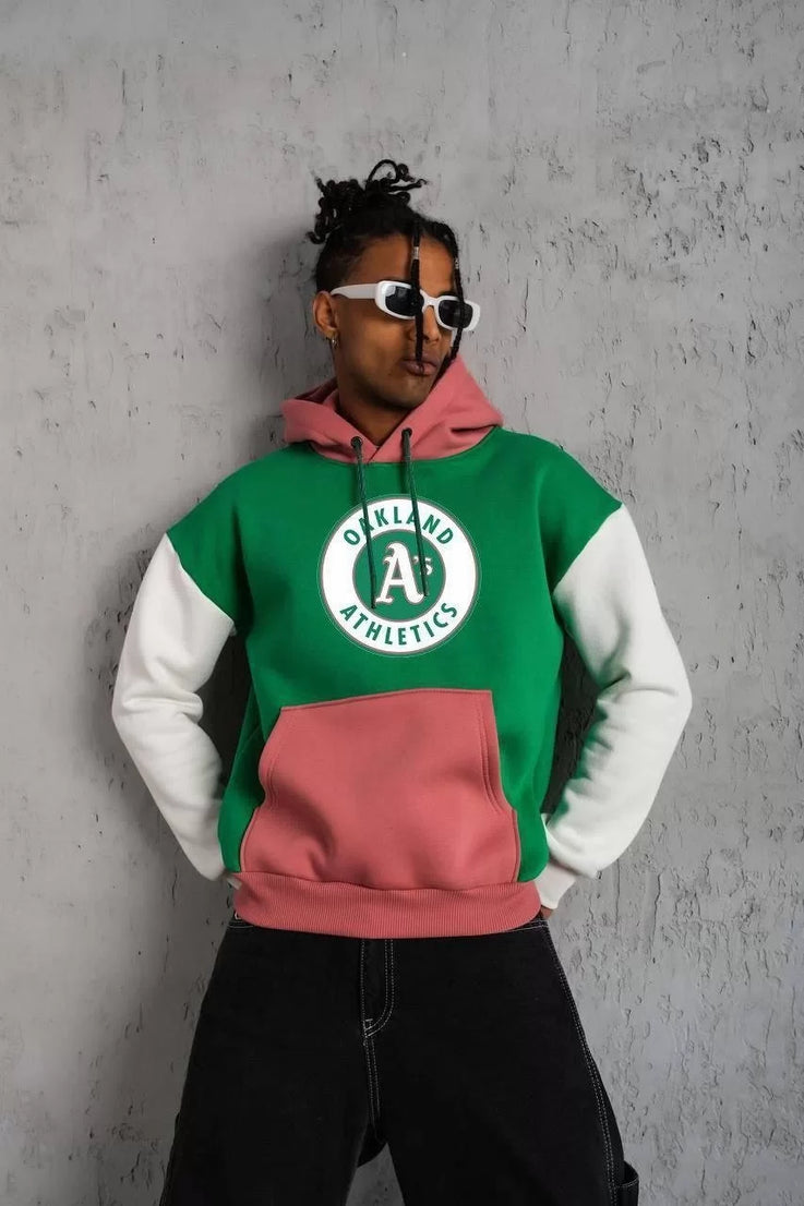 Gucso Erkek Çok Parçalı Kanguru Cepli Athletics Oakland Kapüşonlu Sweatshirt - Yeşil