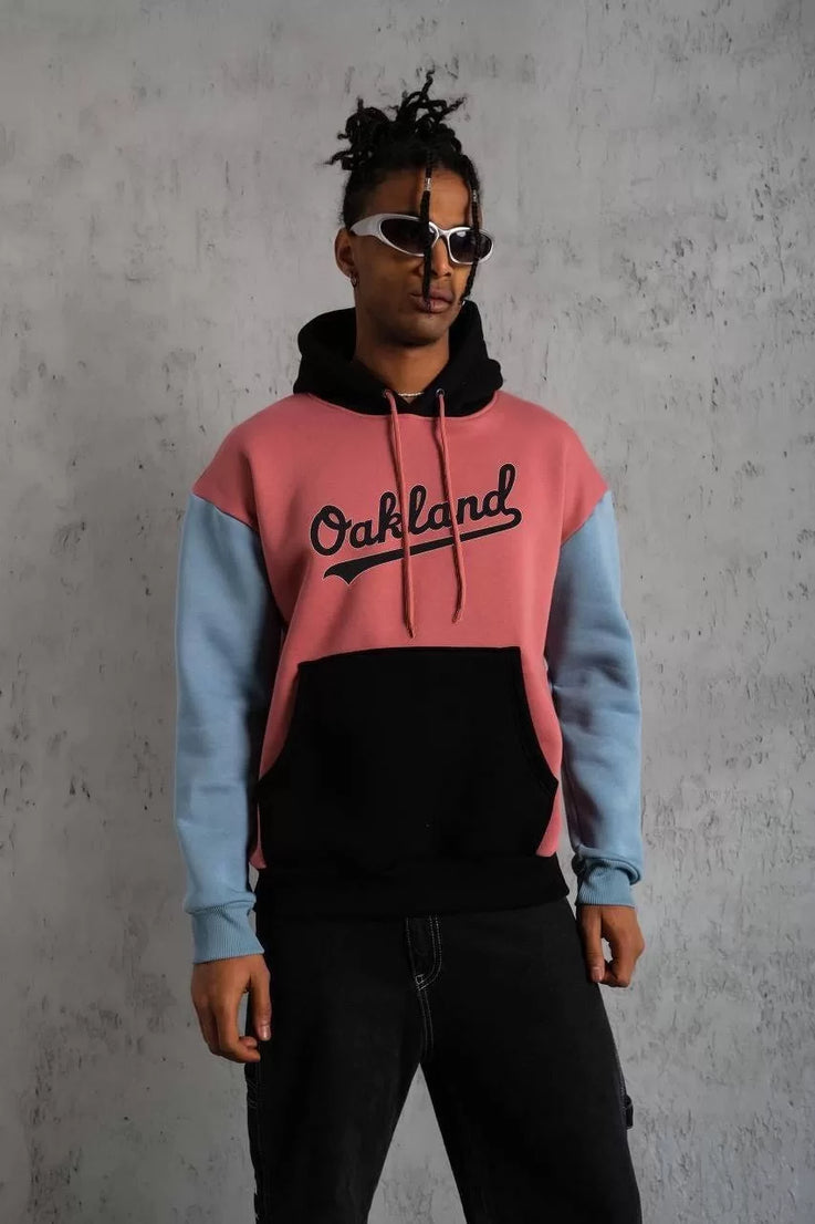 Gucso Erkek Çok Parçalı Siyah Oakland Baskılı Kapüşonlu Sweatshirt - Gül Kurusu