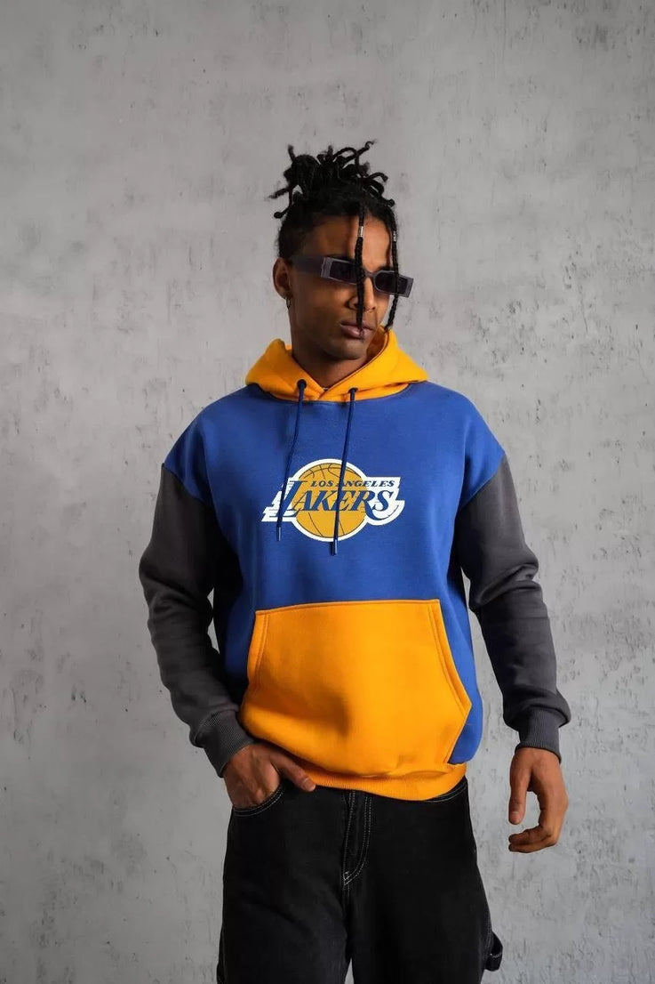 Gucso Erkek Çok Parçalı LA Los Angeles Lakers Baskılı Kapüşonlu ve Kordon İpli Sweatshirt - Mavi