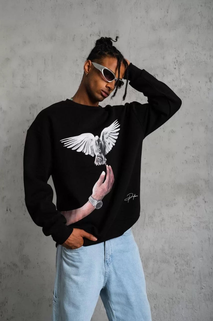 Gucso Erkek Güvercin Baskılı Sweatshirt - Siyah