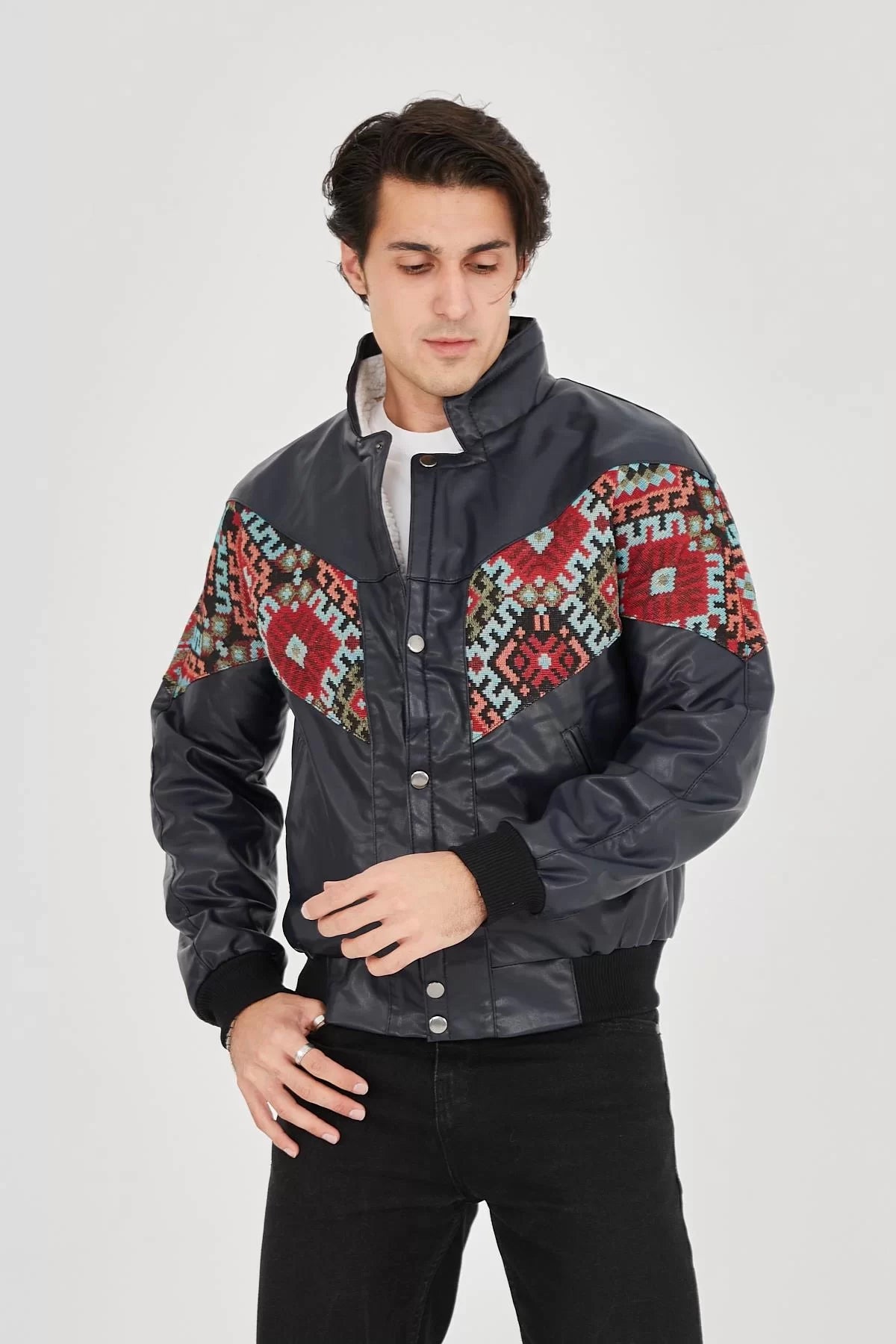 Gucso Erkek İçi Astarlı İçten Yaka Kısmı Peluşlu Kumaş Vintage Ceket - Lacivert