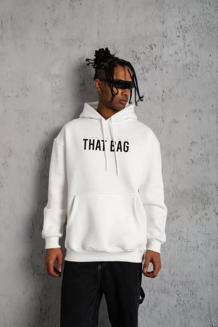 Gucso Erkek Kanguru Cep That Bag Ön ve Arka Baskılı Kapüşonlu Sweatshirt - Beyaz