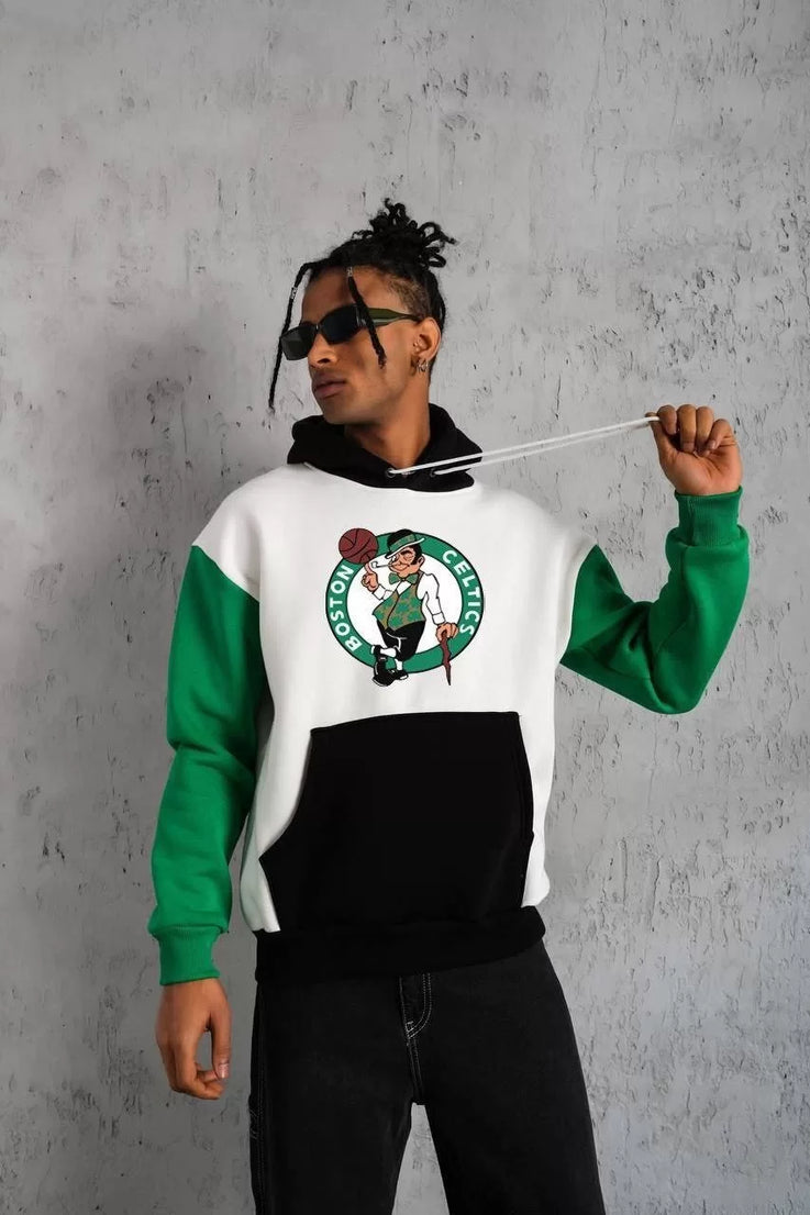 Gucso Erkek Kanguru Cepli Çok Parçalı Celtics Boston Baskılı Kapüşonlu Sweatshirt - Beyaz