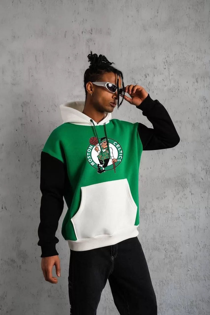 Gucso Erkek Kanguru Cepli Çok Parçalı Celtics Boston Baskılı Kapüşonlu Sweatshirt - Yeşil