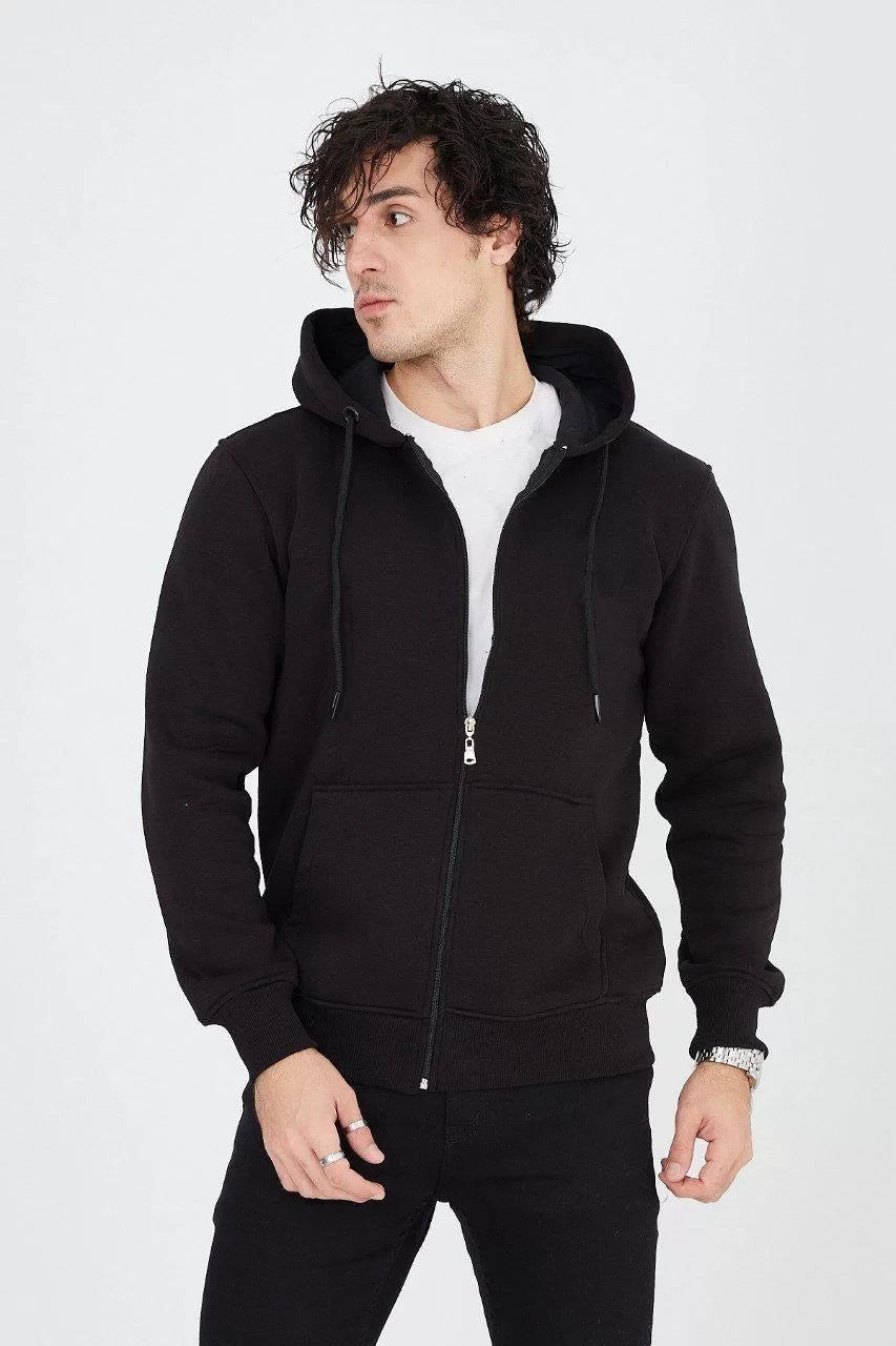 Gucso Herren-Cardigan mit Kapuze, schlichtem Reißverschluss, Schwarz 