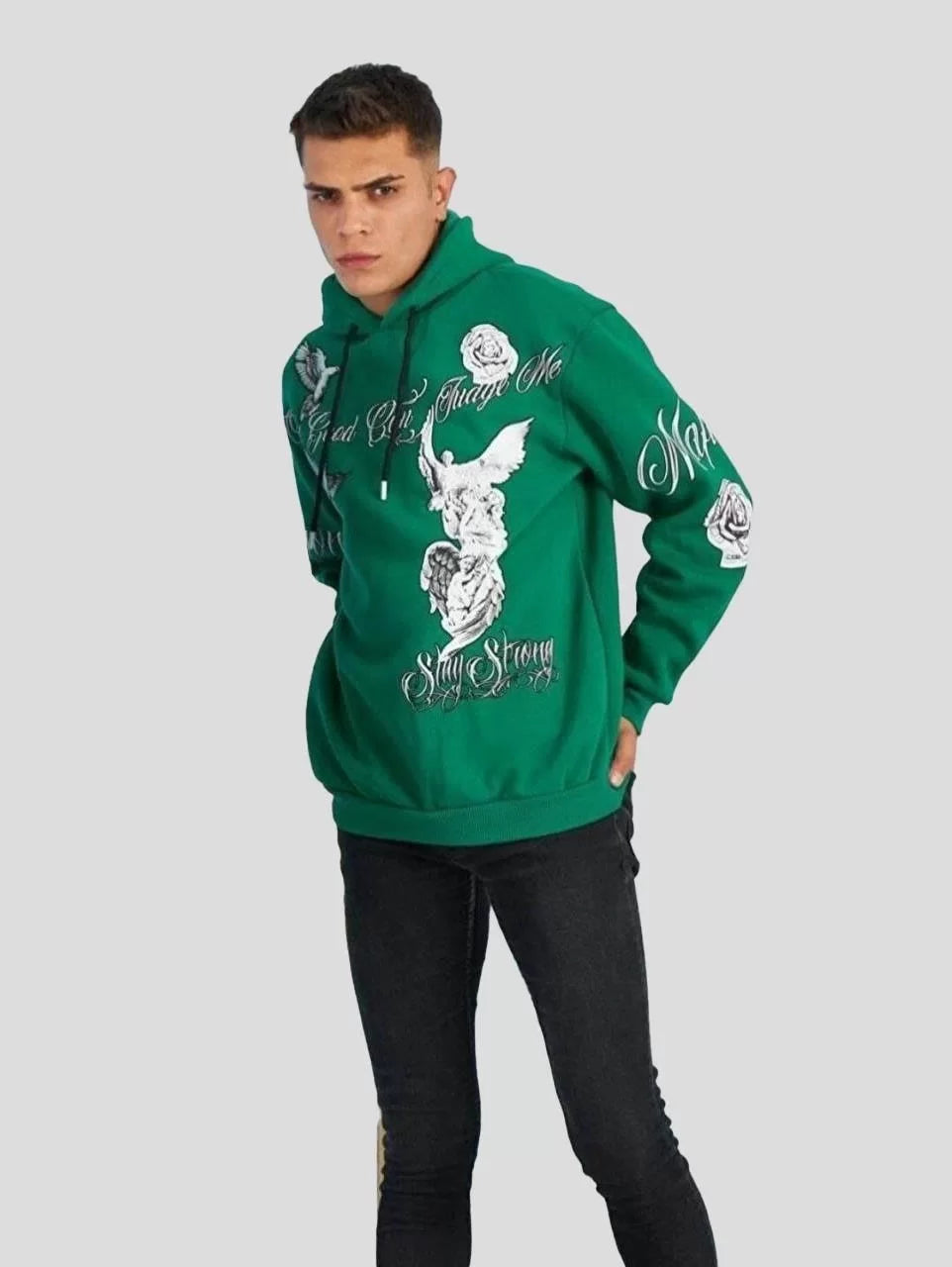 Gucso Erkek Kapüşonlu Strong Heykel Baskılı Sweatshirt - Yeşil