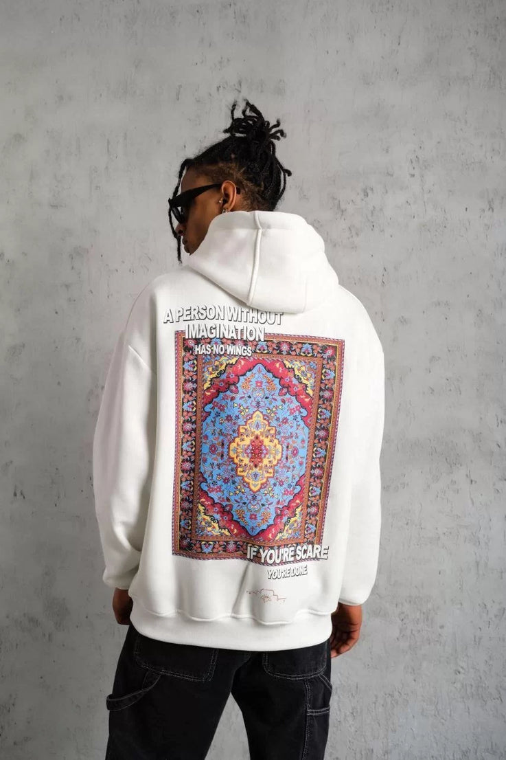 Gucso Erkek Kilim Desen Kapüşonlu Sweat- Beyaz