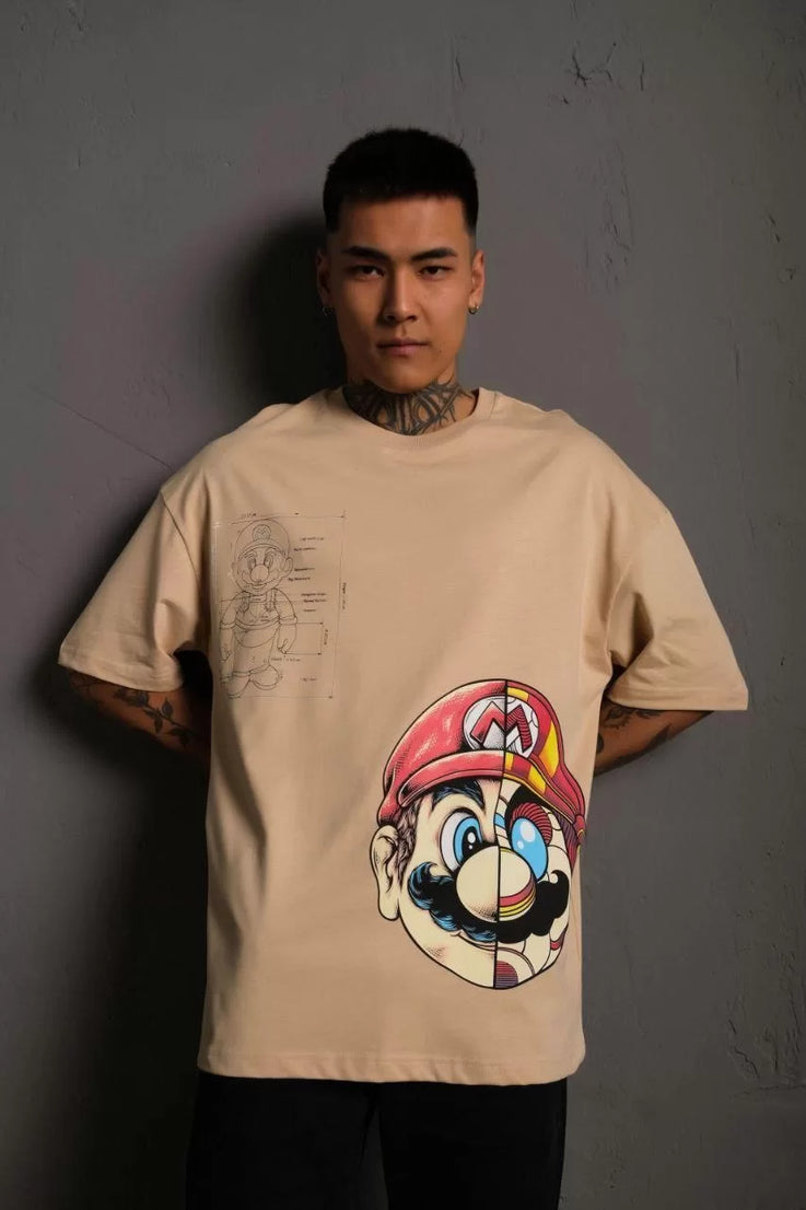 Gucso Erkek Mario Baskılı Oversize T-Shirt - Bej