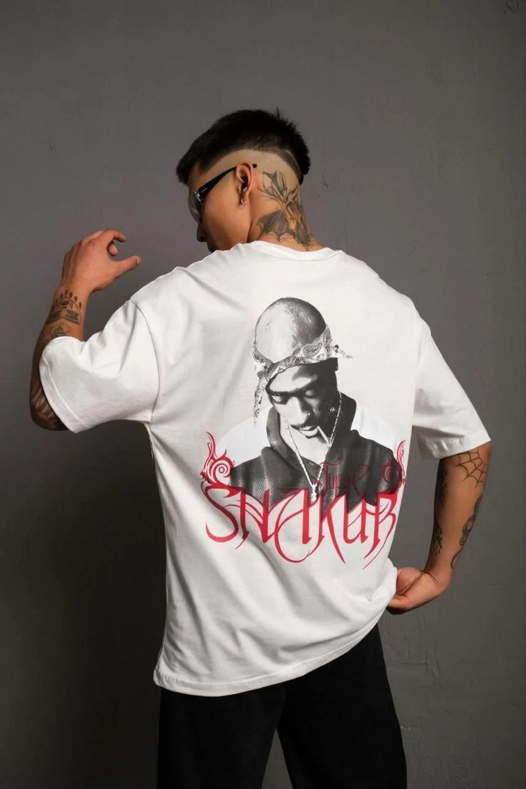 Gucso Erkek Sırt Tupac Shakur Baskılı Oversize T-Shirt - Beyaz