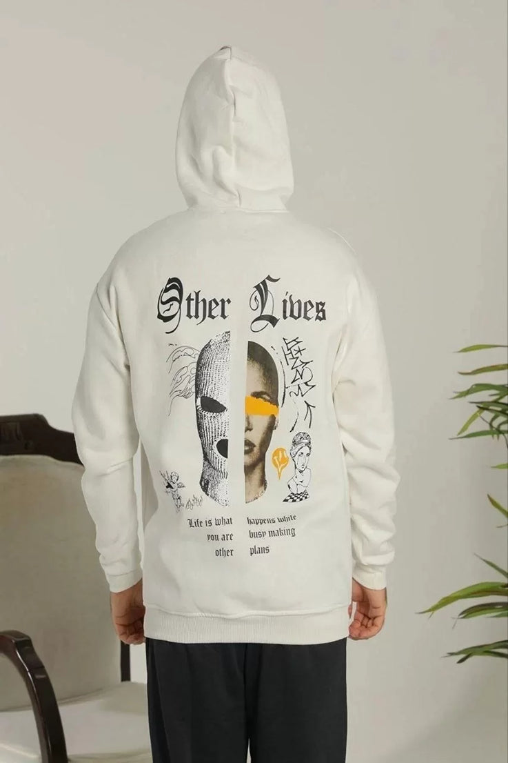 Gucso Erkek Other Lives Ön Baskı ve Sırt Baskılı Oversize Üç İplik Kapüşonlu Sweatshirt - Beyaz