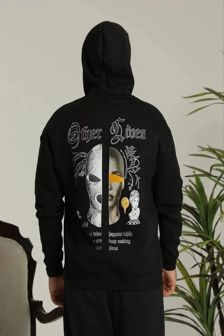 Gucso Erkek Sırt Other Lives Ön ve Arka Baskılı Oversize Üç İplik Kapüşonlu Sweatshirt - Siyah