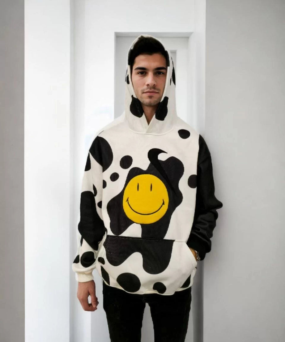 Gucso Erkek Smiley Face Beyaz Desen Baskılı Kapüşonlu Sweatshirt - Siyah