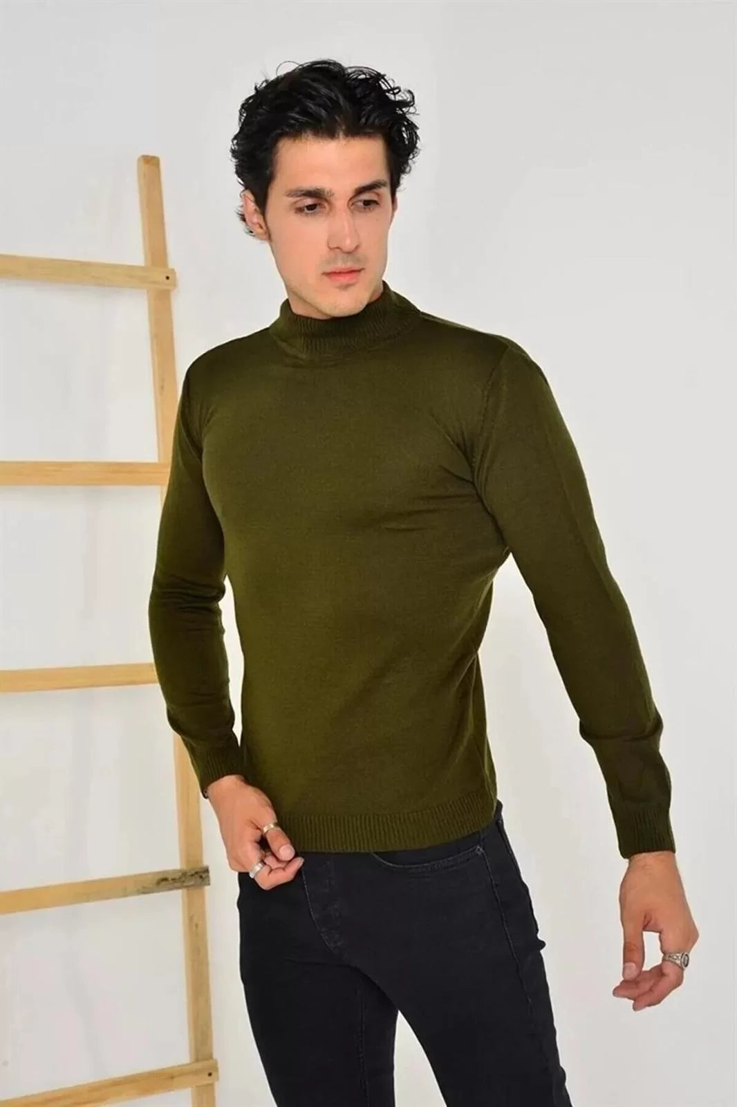 Gucso Herren-Pullover mit Rollkragen, einfarbig, Grün