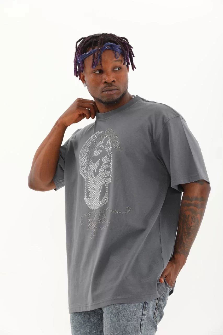 Gucso Men's Oversize Tupac Stoned Crew Neck T-Shirt - Smoke 