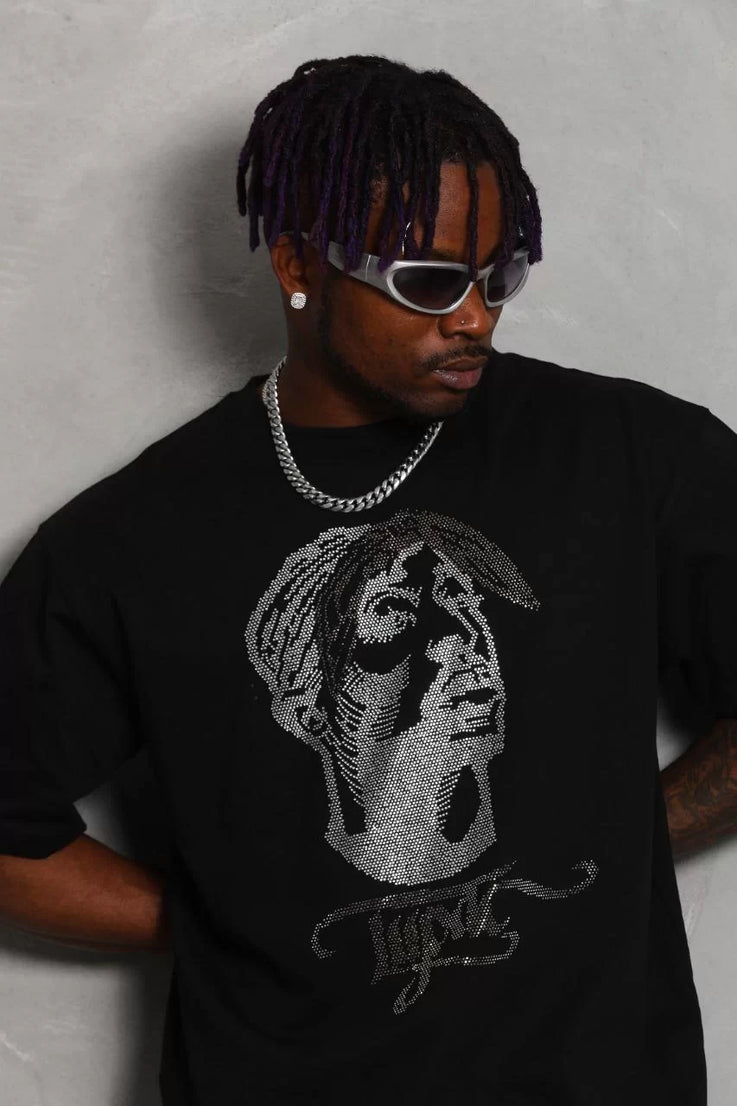 Gucso Erkek Oversize Tupac  Taşlı Bisiklet Yaka T-Shirt - Siyah