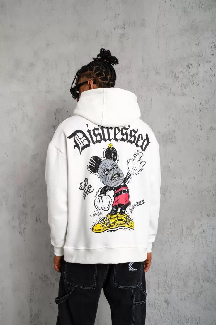 Gucso Erkek Üç İplik Distressed Micky Mouse Baskılı Kapüşonlu Sweat - Beyaz