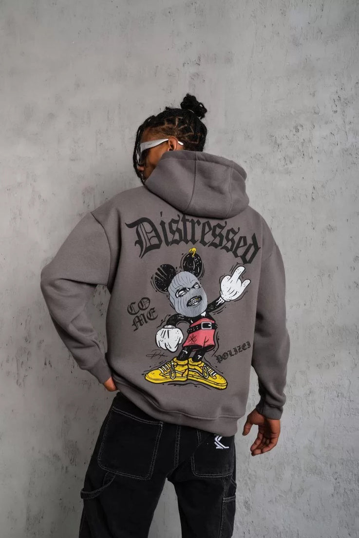 Gucso Erkek Üç İplik Distressed Micky Mouse Baskılı Kapüşonlu Sweat - Gri