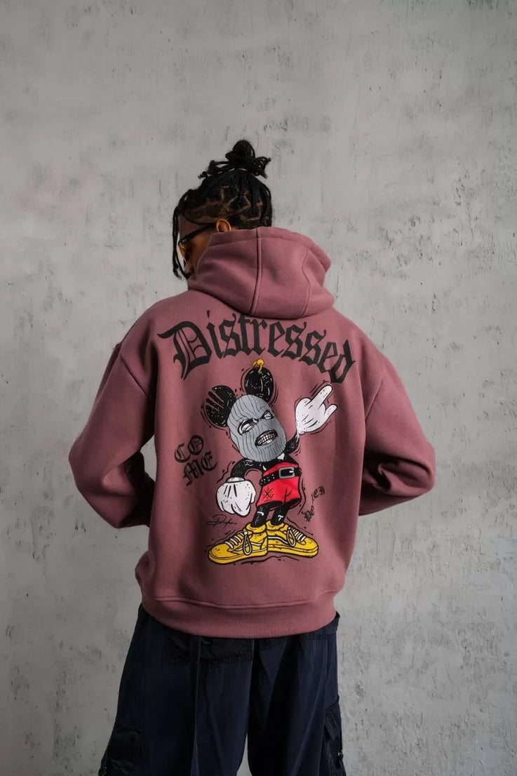 Gucso Erkek Üç İplik Distressed Micky Mouse Baskılı Kapüşonlu Sweat - Gül Kurusu