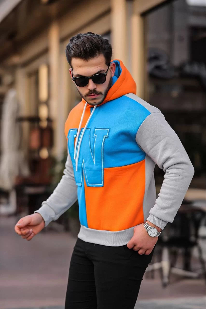 Gucso Erkek W Nakış İşlemeli Turuncu Parçalı Kapüşonlu Sweatshirt - Mavi