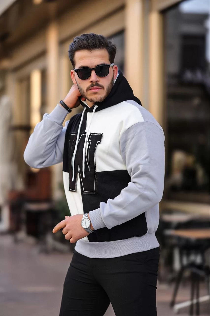 Gucso Erkek W Nakış İşlemeli Beyaz Parçalı Kapüşonlu Sweatshirt - Siyah