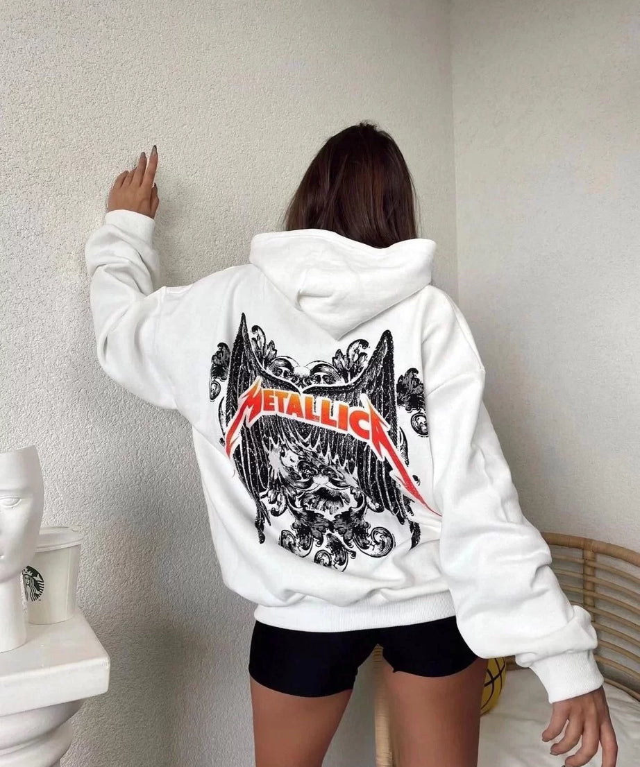 Gucso Kadın Metallica Baskılı Kapüşonlu Sweat - Beyaz