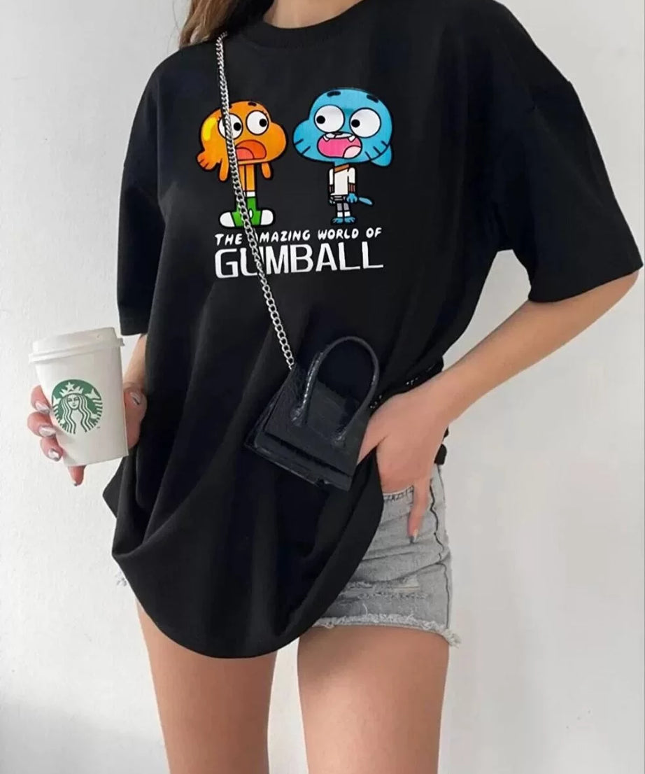 Gucso Kadın Bisiklet Yaka Gumbal Baskılı Oversize T-Shirt - Siyah