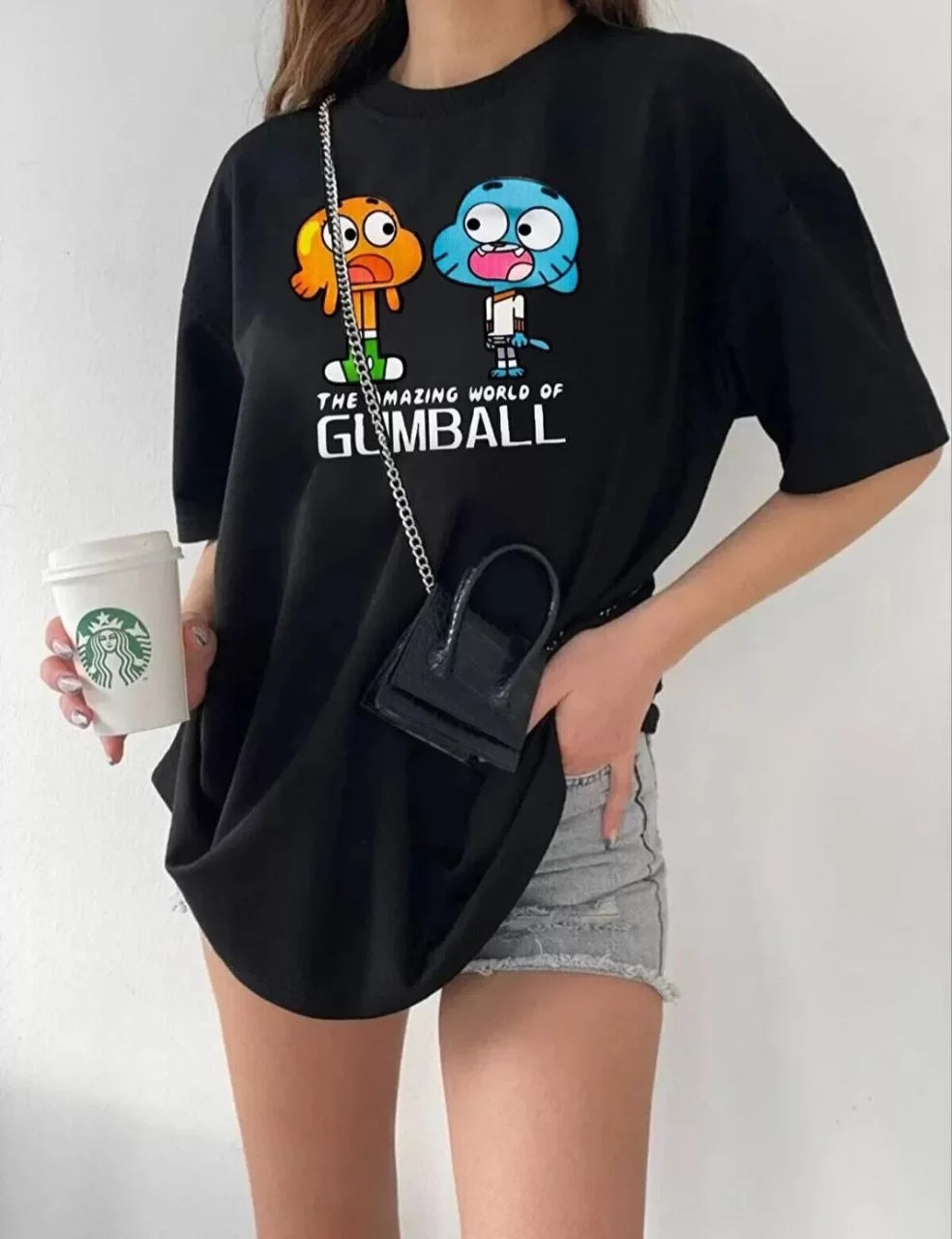 Gucso Kadın Bisiklet Yaka Gumbal Baskılı Oversize T-Shirt - Siyah