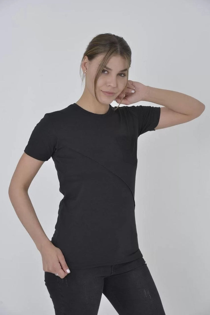 Gucso Kadın File Cepli Slim fit T-shirt - Siyah