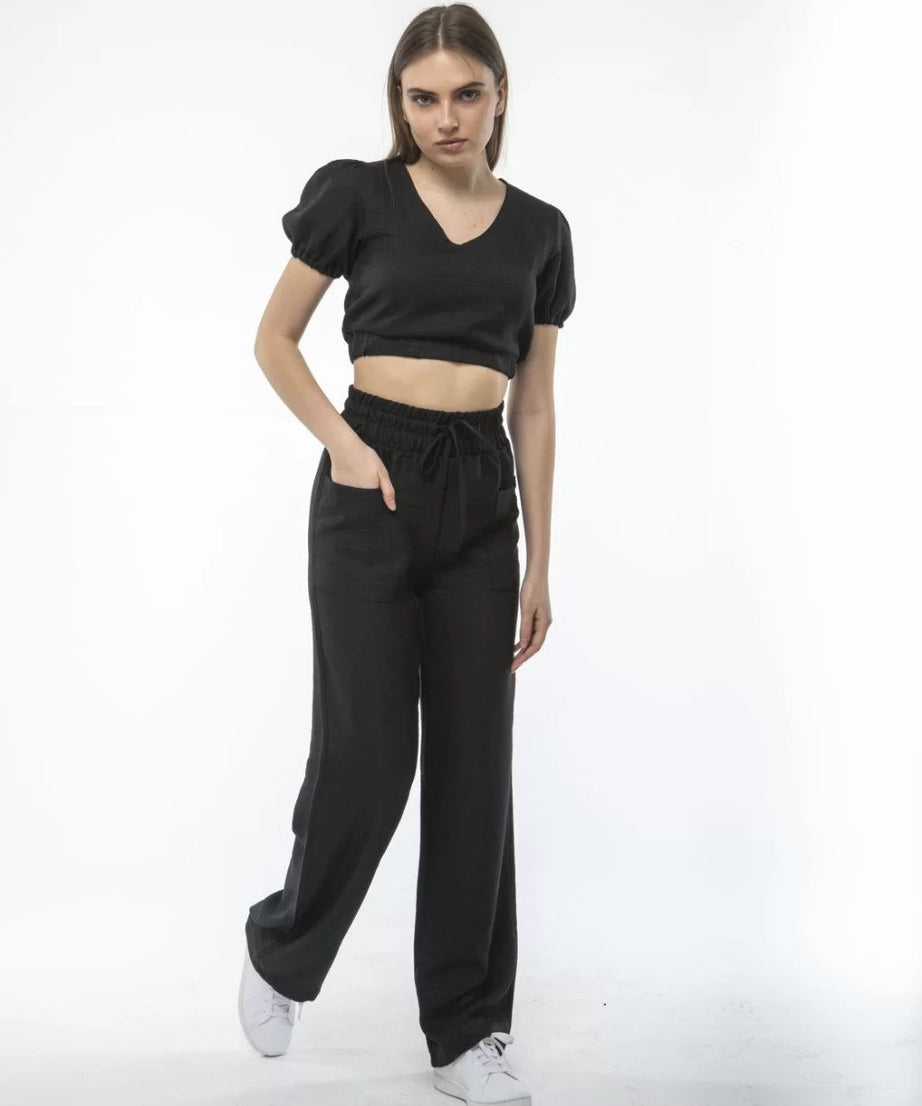 Gucso Kadin Keten Pantalon ve Crop Takım - Siyah