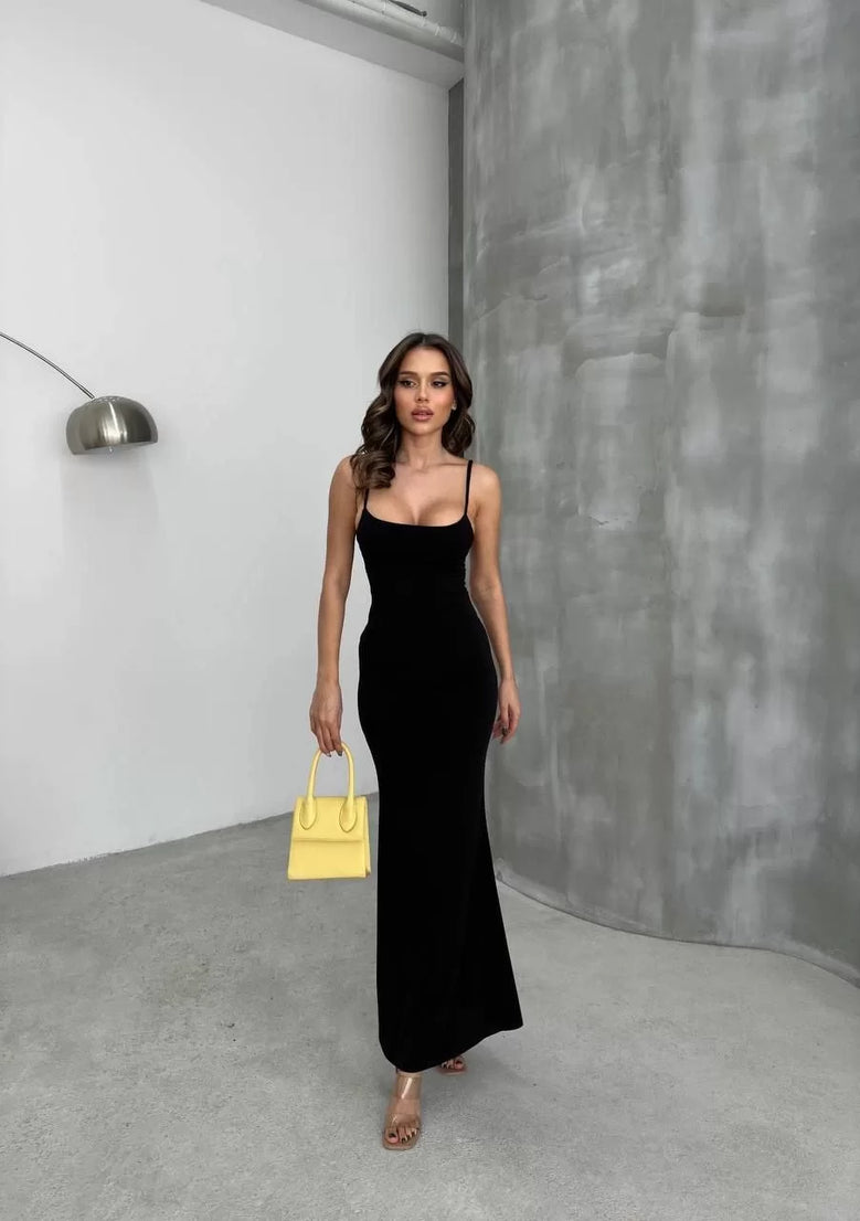 Gucso Kadın Omuz Askı Detaylı Uzun Elbise - Siyah