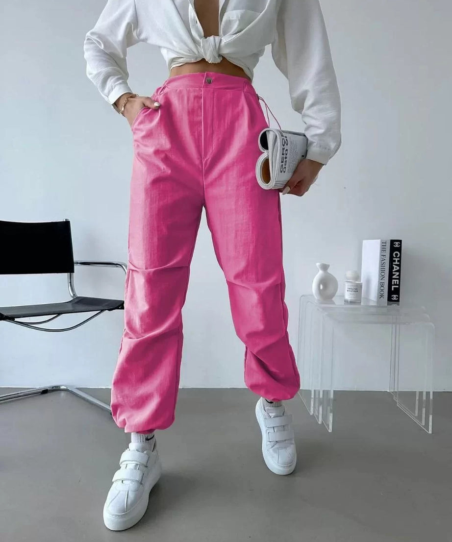 Gucso Kadın Paraşüt Kumaş Beli Lastikli Pantalon-Pembe