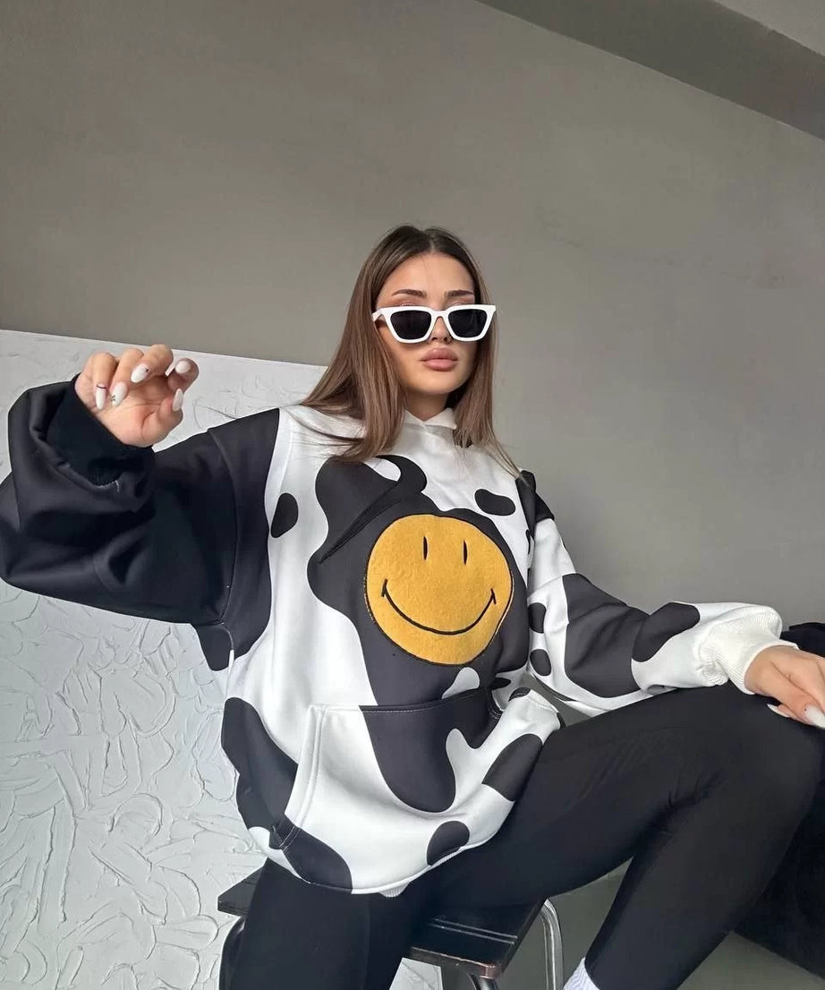 Gucso Kadın Smiley Face Kapüşonlu Sweatshirt - Siyah