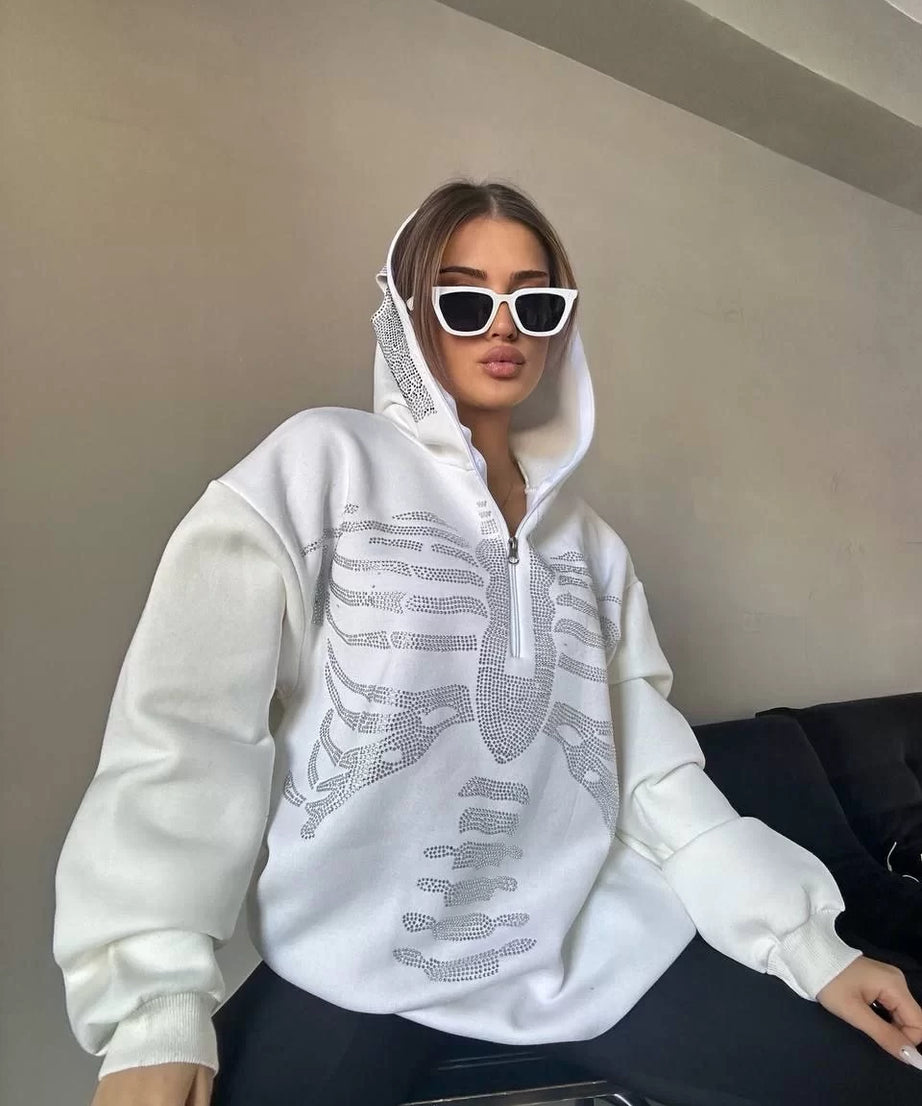 Gucso Kadın Kaburga Desen Taşlı Zip Kapüşonlu Sweatshirt - Beyaz