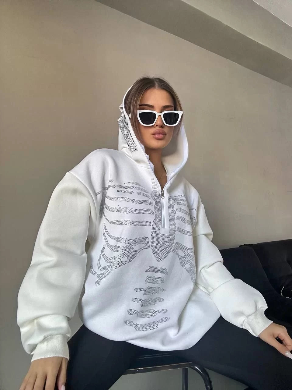 Gucso Kadın Kaburga Desen Taşlı Zip Kapüşonlu Sweatshirt - Beyaz