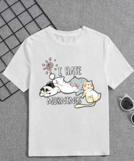 Gucso Kız Çocuk Bisiklet Yaka I Hate Mornings Uyuyan Kedi Baskılı T-Shirt - Beyaz